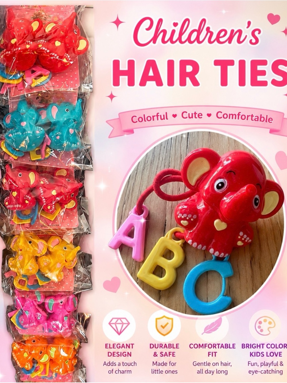 Children's Hair Ties with Plastic Elephant and ABC Charms - Set of 3  Pairs
